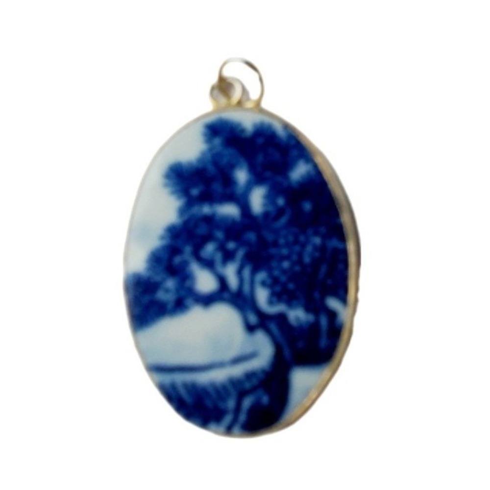 Blue Willow‎ China Pendant Porcelain Pottery Shard Jewelry Bonsai Tree Landscape